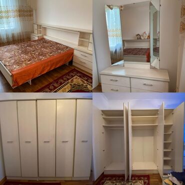 навесные шкафчики: Спальный гарнитур, Двуспальная кровать, Шкаф, Трюмо, цвет - Бежевый, Б/у