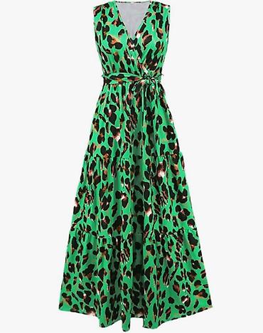 ucuz don: Uzun yay sarafanı – yaşıl fon üzərində leopard naxışlı - Model: maxi — 3