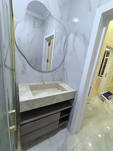 Dolablar: Banyo üçün daş üstlü lavabo dəsti - Material: mərmər naxışlı daş üst — 1