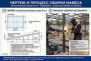 Металлический каркас навеса 6×4 м с изготовлением и сварочными