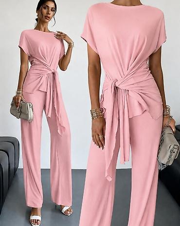 helanke elastina: Damski dvodelni komplet – elegantna bluza i pantalone sa širokim — 1
