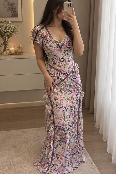 hicablı don: Çiçək naxışlı uzun paltar - Model: maxi uzunluq, yumşaq A-kəsim - — 1
