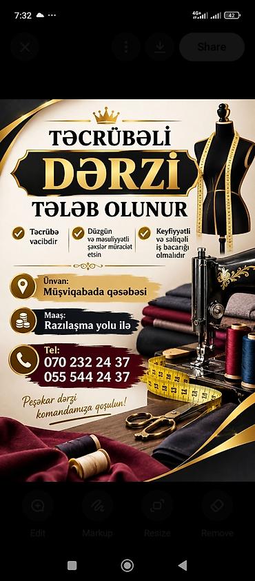 dərzi elanlari: Təcrübəli dərzi tələb olunur Açıqlama: - Təcrübə vacibdir - Düzgün və — 1