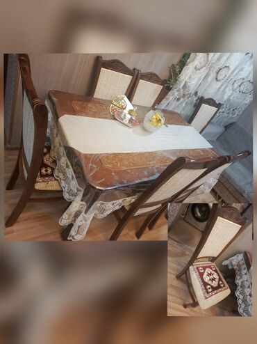 стол в зал: Qonaq otağı üçün, İşlənmiş, Açılan, Dördbucaq masa, 6 stul