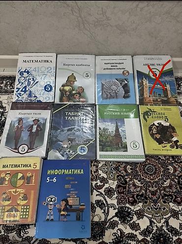 Учебники: Школьные учебники для 3–10 классов. Одна книга по 150 сом (указано на — 5