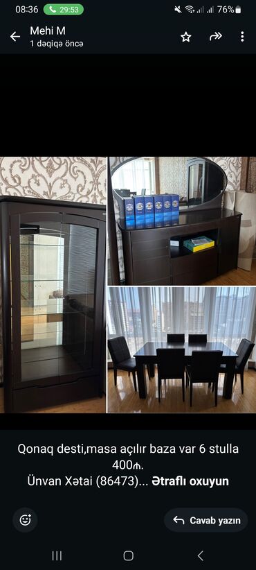 Stullar: Qonaq desti,masa açılır baza var 6 stulla 400₼. Ünvan Xətai (86473)