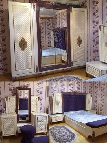 embawood tek yataq: Двуспальная кровать, 2 тумбы, Трюмо, Шкаф, Б/у