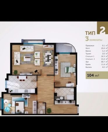 Продажа квартир: 3 комнаты, 104 м², Элитка, 2 этаж, ПСО (под самоотделку)
