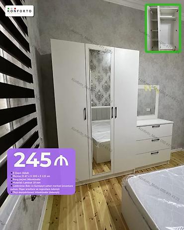 3 qapılı dolab – ağ rəngdə, dekorativ güzgülü orta qapı ilə. Sağ