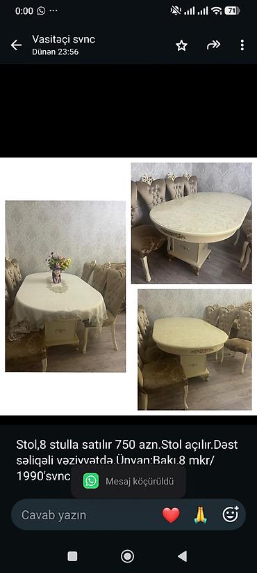Stol,8 stulla satılır 750 azn.Stol açılır.Dəst səliqəli