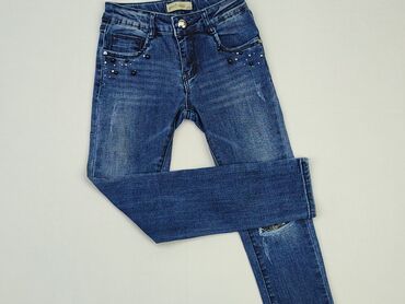 jeansy nakrapiane farbą: Spodnie jeansowe, 7 lat, 116/122, stan - Bardzo dobry