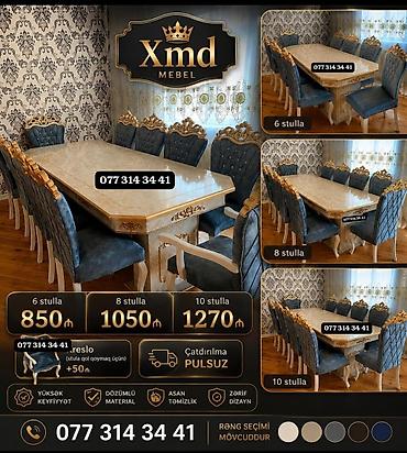Masa və oturacaq dəstləri: Masa və 6 stul dəsti – Xmd • Komplekt: 1 yemək masası + 6 ədəd stul — 249