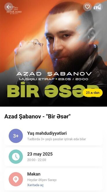 azal telebe bileti: Salam. Azad Şabanovun konsertinə 2 bilet satıram. Biletin hər biri 30