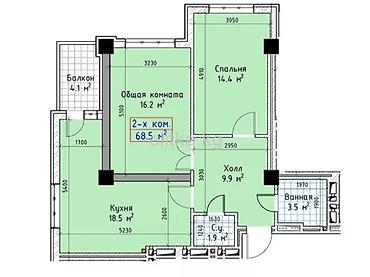 1200: 2 комнаты, 68 м², Технопарк Элитка, 11 этаж, ПСО (под самоотделку) — 2