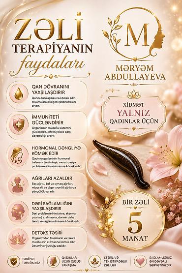 hicama merkezi: Zəliterapiya 1 zəli 5azn 
Xidmət yalnız qadınlar üçün — 1
