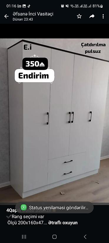 Sifarişlə mebel: *4Qapılı Dolab 350Azn💥* ✔️Rəng seçimi var Ölçü 200x160x47 ✔️ *Şəhər — 1