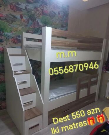 İkimərtəbəli uşaq çarpayıları: Oğlan və qız üçün, Yeni, Çarpayı, Matras ilə, Siyirməli, Laminat — 7