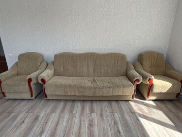 надувные диван: Зал үчүн гарнитур, Кресло, Диван, түсү - Саргыч боз, Колдонулган