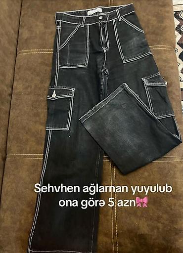 cins: Qara rəngli karqo cins şalvar - Kontrast ağ tikişlər - Yüksək bel — 1