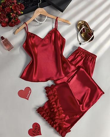 атласные сорочки ночные: Qırmızı satendən qadın pijama dəsti - 2 hissəli dəst: nazik çiyin — 1