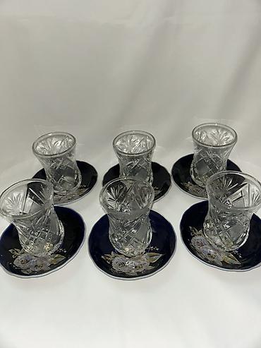 Çay dəsti, rəng - Göy, Şüşə, 6 nəfərlik