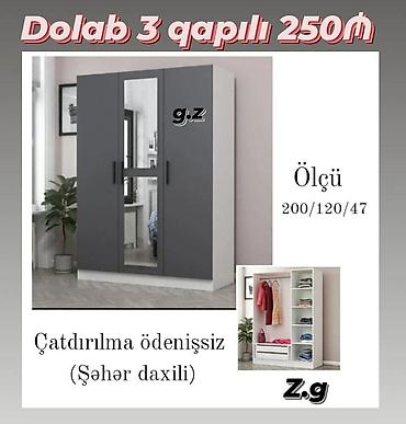 mebel skaf: 3 qapılı şkaf – 250₼ - Ölçü: 200/120/47 sm - Dizayn: 2 yan qapı + — 1