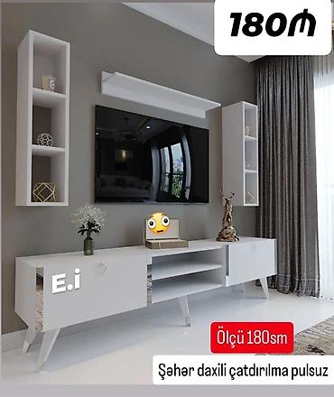 mebel qulpu: Ağ rəngli müasir TV stendi və divar rəfləri dəsti - Ölçü: 180 sm (TV — 1