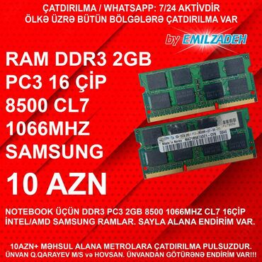 ram ddr3 2gb notebook: Operativ yaddaş (RAM) 2 GB, 1333 Mhz, DDR3, Noutbuk üçün, İşlənmiş