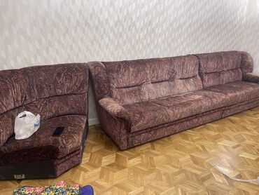 продам кожаный диван бу: Модульный диван, цвет - Коричневый, Б/у