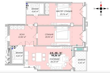ночь комната: 3 комнаты, 98 м², Элитка, 2 этаж, ПСО (под самоотделку)