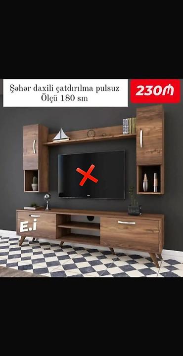 analoq saat: TV stendi və divar rəfi dəsti - Ümumi ölçü: 180 sm - Material: taxta — 1