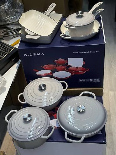 cast: Набор чугунной посуды AIDEMA — Cast Iron Dutch Oven Set, зелёный. 7в1 — 4