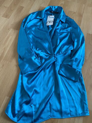 šantung svila haljine: Zara S (EU 36), color - Turquoise, Cocktail, Long sleeves
