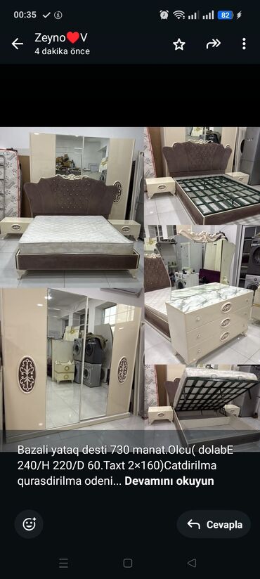 Pufiklər: Bazali yataq desti 730 manat.Olcu( dolabE 240/H 220/D 60.Taxt