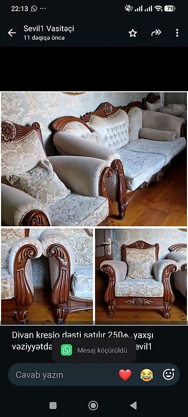 Divan kreslo dəsti satılır 250₼. yaxşı vəziyyətdə.Ünvan Xətai. 8598 lalafo.az -da Divan kreslo dəsti satılır 250₼. yaxşı vəziyyətdə.Ünvan Xətai. 8598