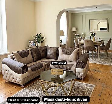 Masa dəsti + künc divan komplekti - Künc divan: yumşaq toxumalı, iki