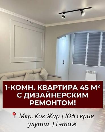 1 комната, 45 м², Кок-Жар мкр 106 серия улучшенная, 1 этаж, Дизайнерский ремонт