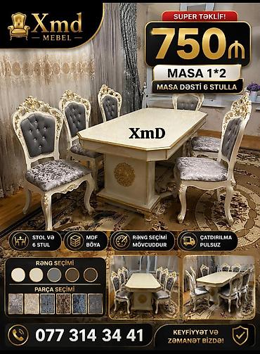 ütu stolu: Klassik üslubda yemək otağı dəsti – masa və 6 stul - Masa ölçüsü: 1×2 — 1