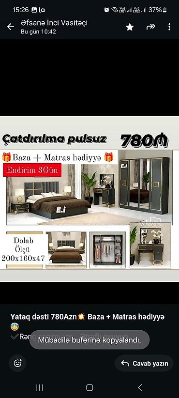 Спальные гарнитуры: *Yataq dəsti 780Azn💥 Baza + Matras hədiyyə🤩* ✔️Rəng seçimi var *Şəhər — 3
