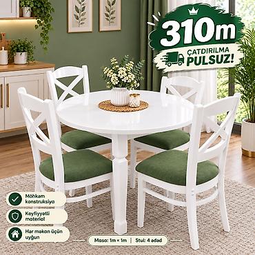 Ağ rəngli dairəvi yemək masa–stul dəsti - Komplekt: 1 masa + 4 stul -