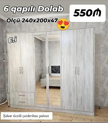 Yeni, 6 qapı, Güzgülü, Ağ, Açılan, Düz dolab