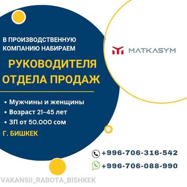 ош работы: В производственную компанию требуется руководитель отдела продаж