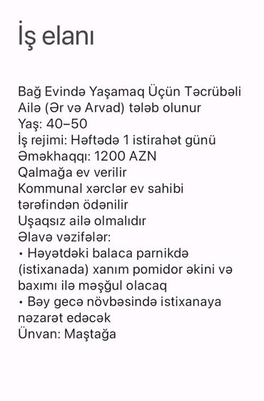 qalmaq serti ile is elanlari: Bağ Evində Yaşamaq Üçün Təcrübəli Ailə (Er və Arvad) tələb olunur Yaş