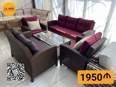 Bağ divan və kreslo dəstləri: Qəhvəyi rəngli, süni ratan hörgü ilə işlənmiş, yumşaq, bənövşəyi