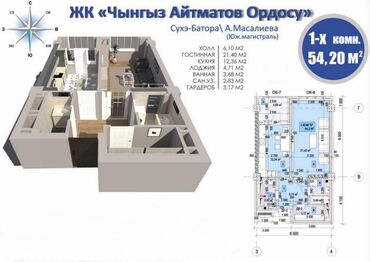 продажа квартир в бишкеке в рассрочку: 1 комната, 54 м², Элитка, 7 этаж