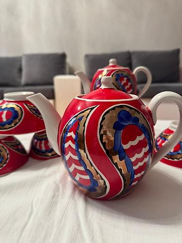 cay: Çay dəsti, rəng - Qırmızı, Farfor — 4