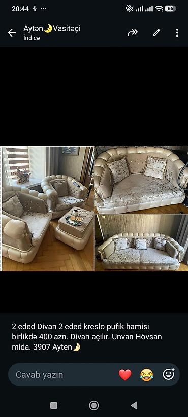 2 eded Divan 2 eded kreslo pufik hamisi birlikdə 400 azn. Divan