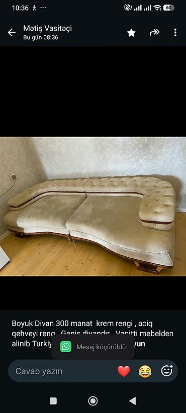 divan alan: Boyuk Divan 300 manat krem rengi aciq qehveyi reng . Geniş divandır — 1