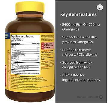 Gözəllik və sağlamlıq: Nature Made Fish Oil – 2400 mg (hissə başına), 720 mg Omega‑3 Format — 2