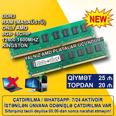 komputer klaviaturasi: Operativ yaddaş (RAM) Kingston, 8 GB, 1600 Mhz, DDR3, PC üçün, Yeni